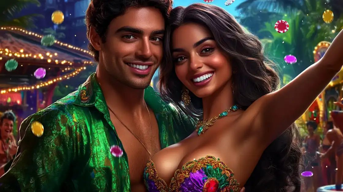 A stunning woman in a sparkling pink top and elegant jewelry smiles in a lush, tropical-themed casino, surrounded by the exciting sights and sounds of the slot machines at TK666.