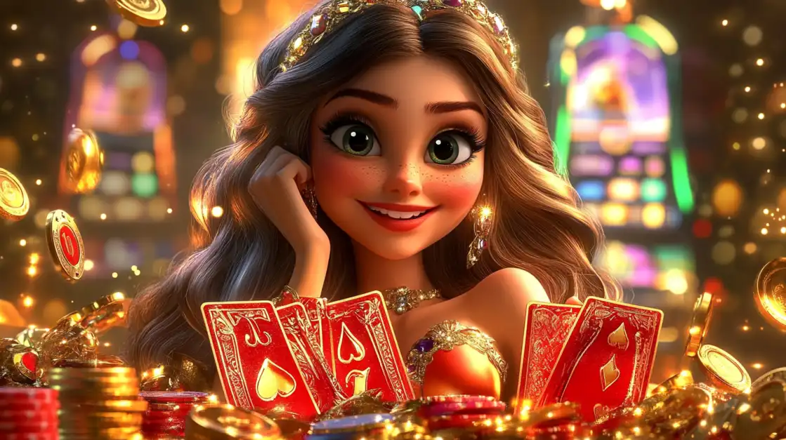 A cheerful cartoon princess with a tiara holds a winning card in a casino filled with sparkling gold coins and chips, representing the magical and fun-filled gaming experience at TK666.