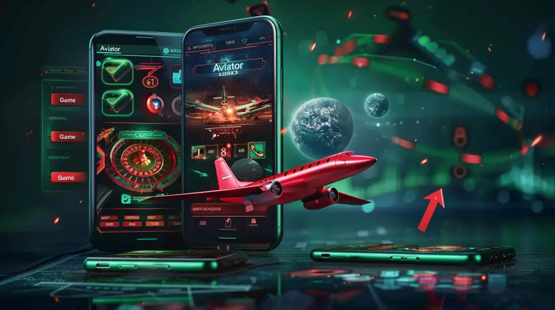 A stunning red airplane from the 'Aviator' game is shown over several smartphones displaying the game's fiery interface, showcasing the action-packed mobile experience on TK666.