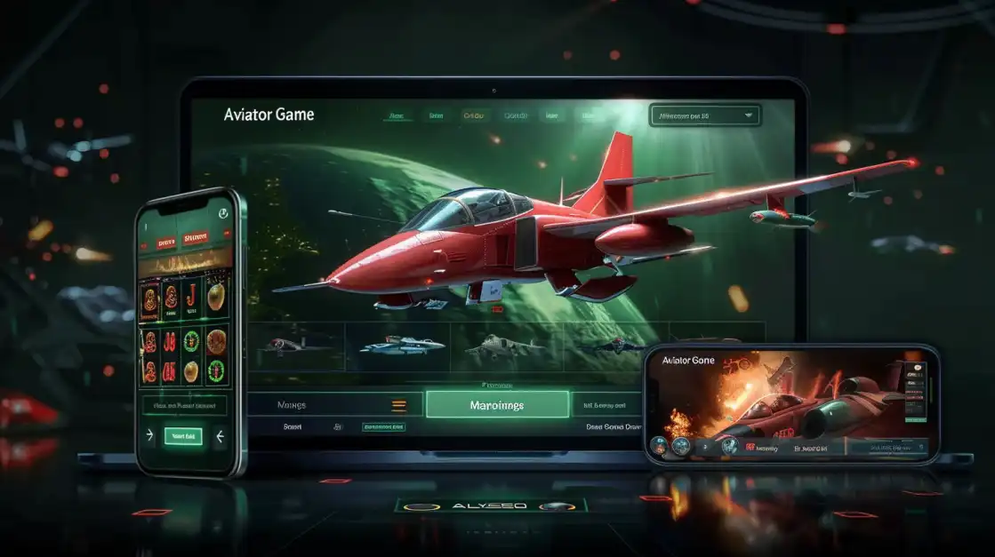 A vintage red airplane from the 'Aviator Game' soars through a high-tech casino filled with glowing slot machines, promoting the unique and thrilling crash game experience at TK666.