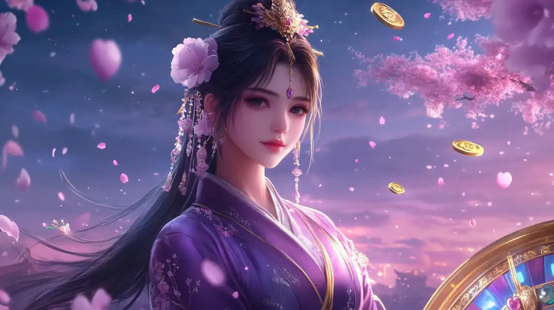 A futuristic woman with pink hair and a rifle is joined by her loyal dog companion in a mystical, gem-filled world, ready for adventure in the unique fantasy slots at TK666.