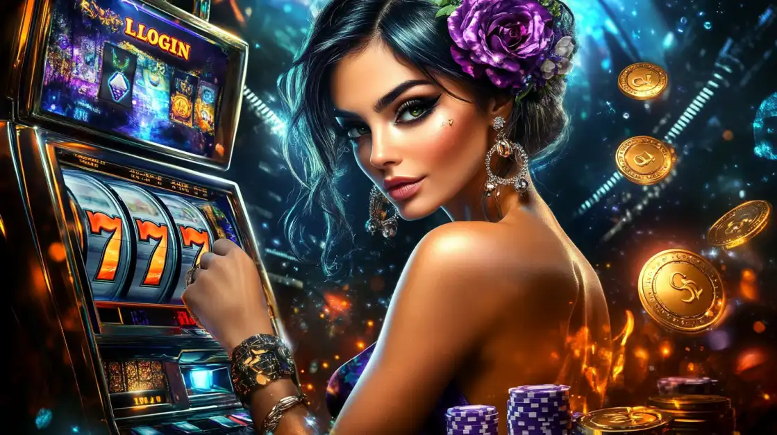 A beautiful goddess-like woman with flowers in her hair is surrounded by a heavenly shower of golden coins against a fiery background, symbolizing the epic and divine wins available at TK666.