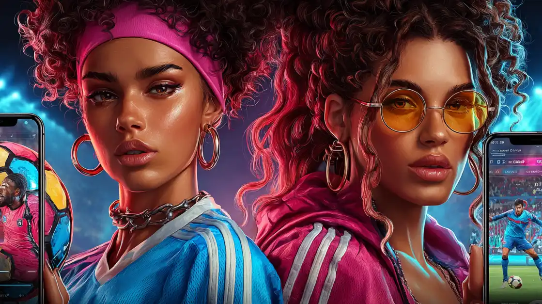 An attractive couple, a man and a woman dressed in American football gear, pose with a smartphone showing the TK666 sports betting app, perfect for fans who love the game.