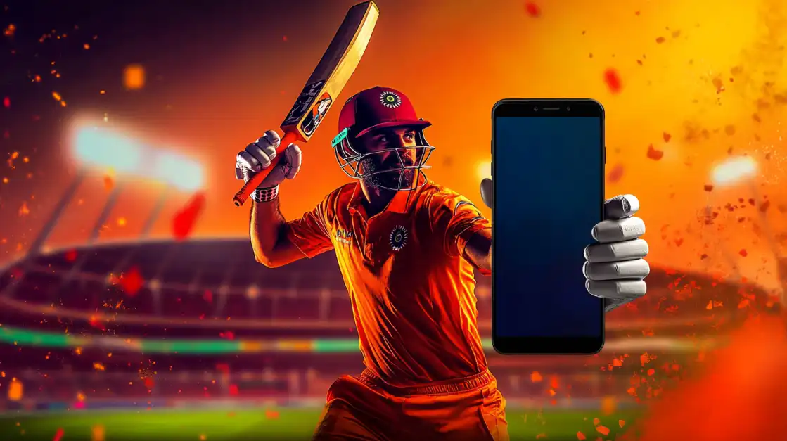 Three professional cricket players stand ready for a match in a stadium at sunset, capturing the epic team action and high stakes of cricket betting available at TK666.