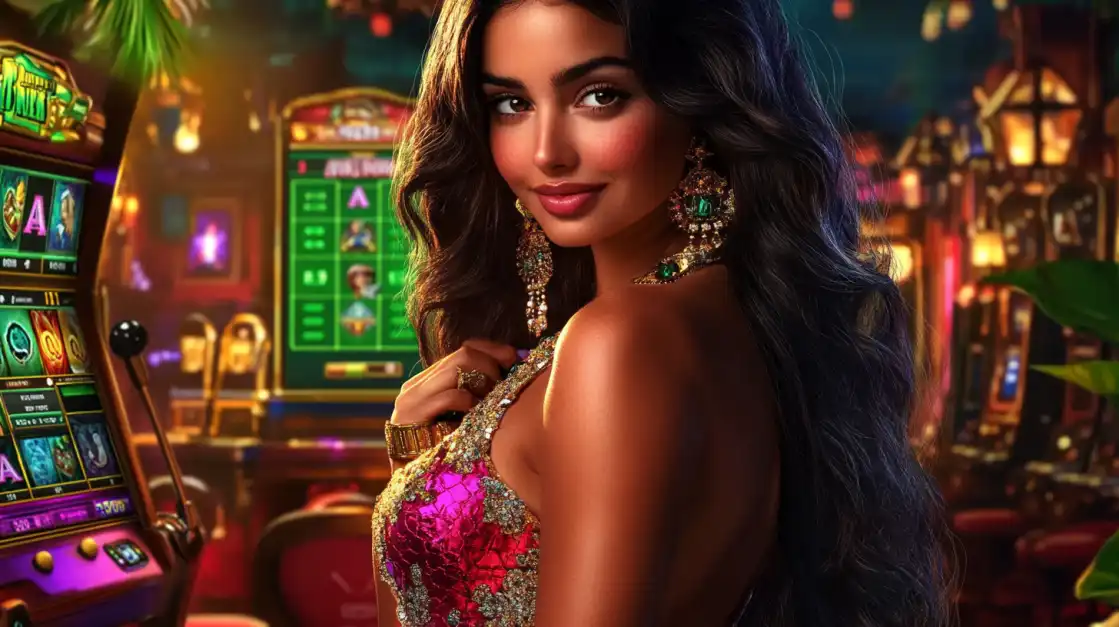 A smartphone displaying a vibrant, jungle-themed slot game with a beautiful red-haired character stands among stacks of casino chips, showcasing the exciting mobile gaming on the TK666 app.