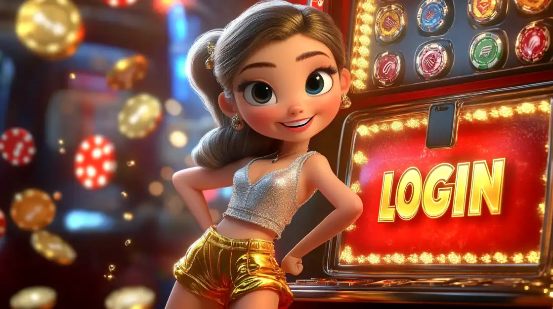 An elegant woman in a glittering gold dress holds a smartphone with a vibrant red 'LOGIN' screen, surrounded by a shower of golden lights and coins, welcoming you to TK666.