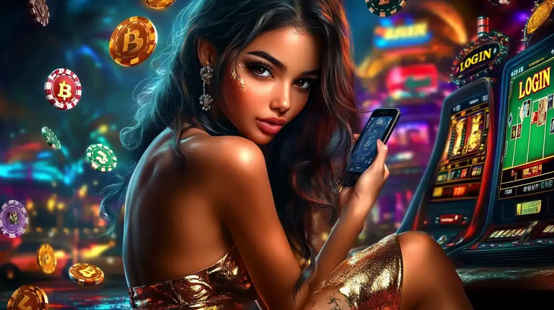 A powerful woman with purple hair and a pistol stands next to a glowing slot machine with a 'LOGIN' display, ready for you to log in to the most thrilling action slots at TK666.