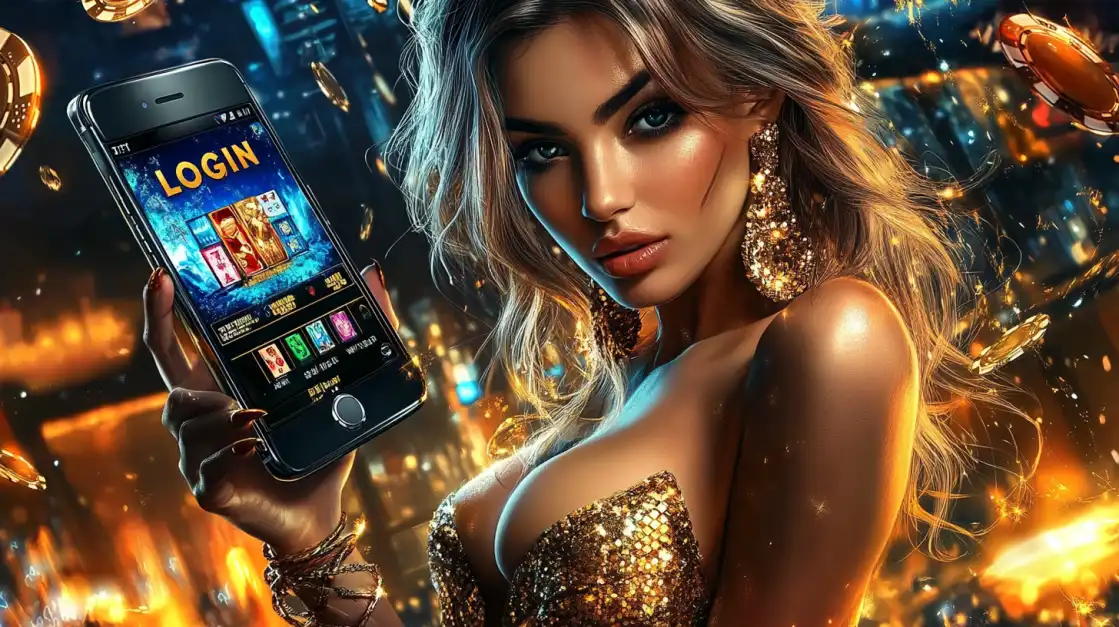 A glamorous woman with stunning green eyes holds a winning hand of two aces and a smartphone displaying the 'best casino' app, inviting you to the top-rated experience at TK666.