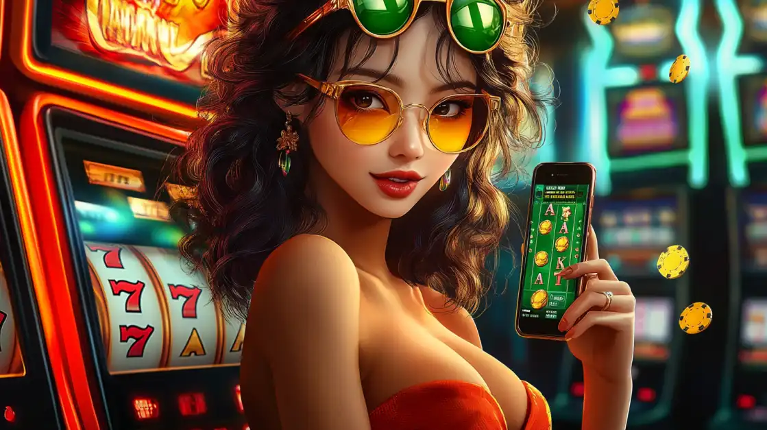 A strong female warrior in a leather top holds a pistol next to a phone showing the TK666 app, which is filled with bullet and action-themed icons for the ultimate adventure gamer.